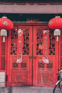 Chinese New Year red lanterns and door sign